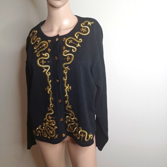 Vintage Joan Leslie Petite Large Black Gold Knit Button Up Cardigan New With Tag - Picture 1 of 12